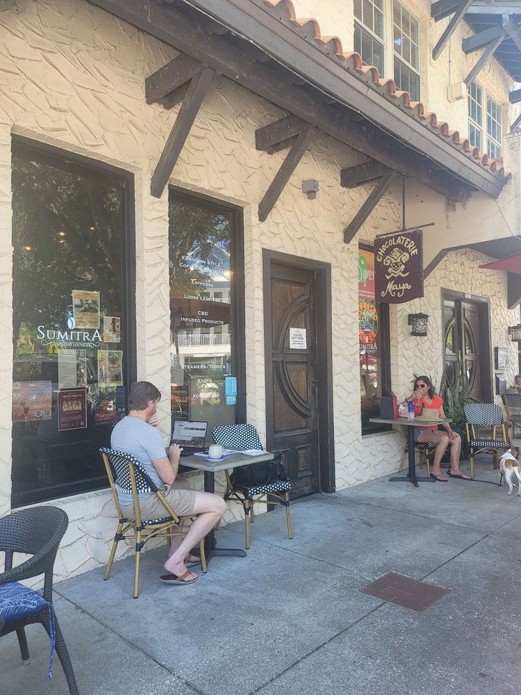 SumitrA's storefront on Beach Boulevard South with people at sidewalk tables